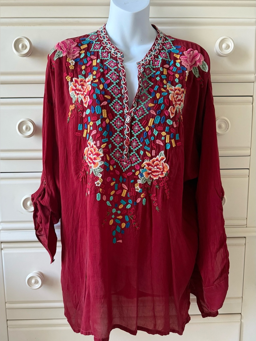 Johnny Was Embroidered V-Neck Women’s Top - Deep Red/burgundy